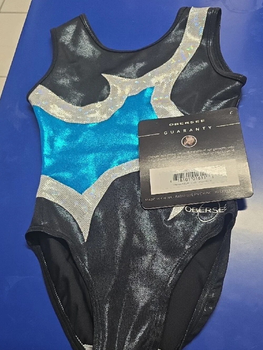 Girls' Black and Blue Metallic Star Gymnastics Leotard